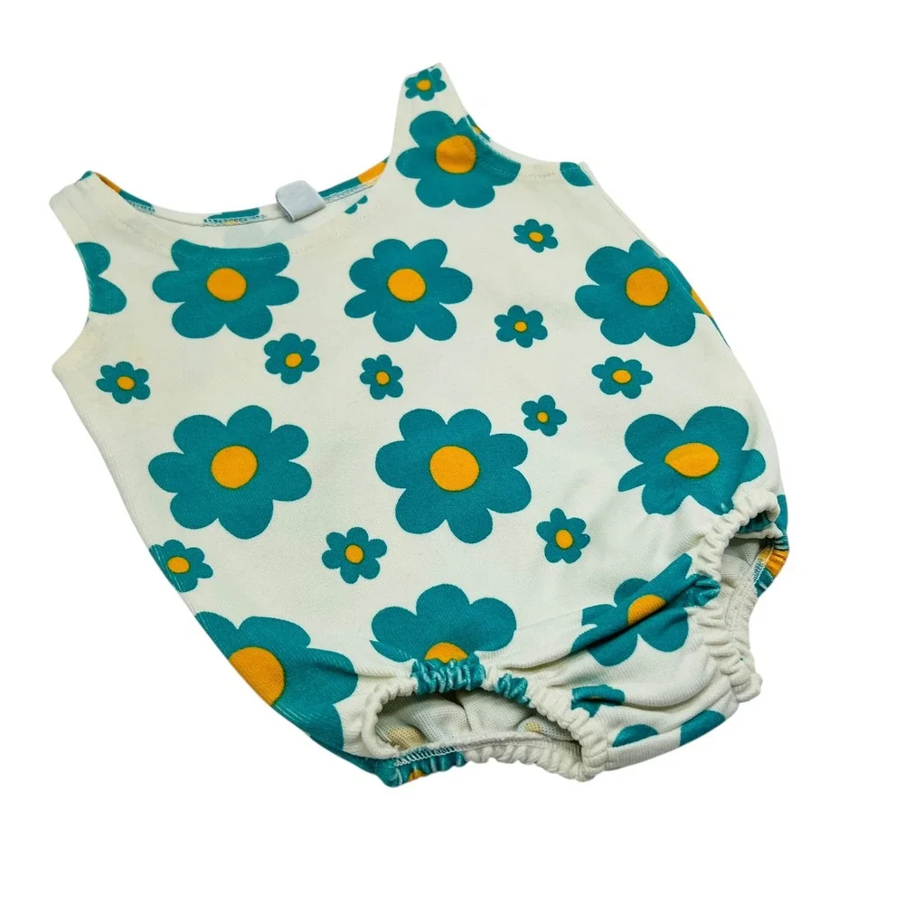 Vtg Carters Baby Swimsuit Teal Yellow Daisy Floral Stretch sz L 18 Months‎ Retro